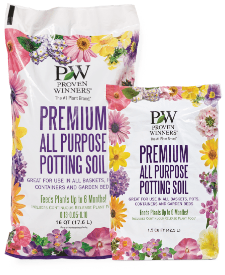 Two bags of "Proven Winners Premium All Purpose Potting Soil" in 16-quart and 1.5-cubic-foot sizes, decorated with colorful flowers, against a white background.