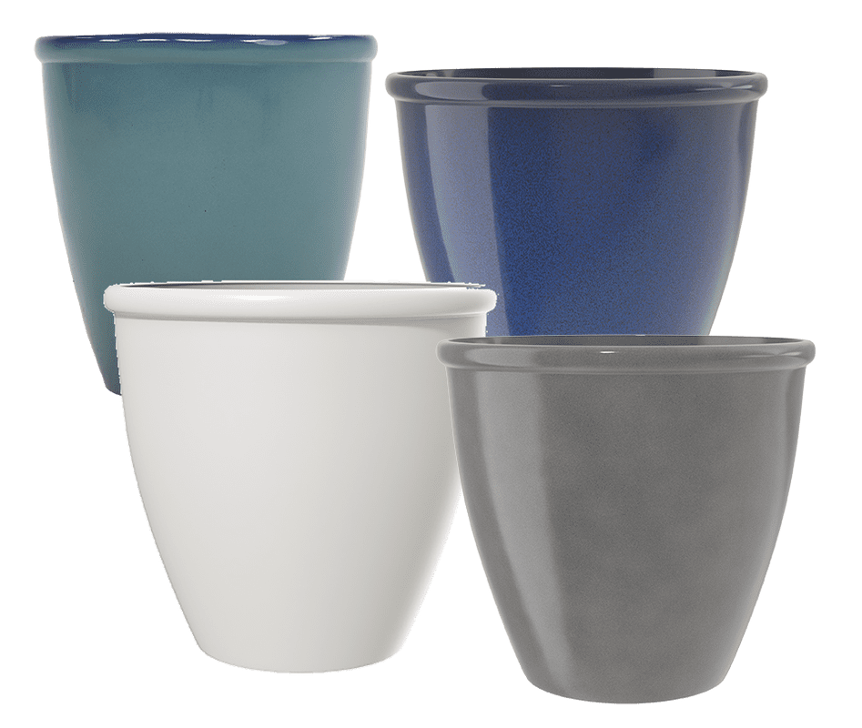 Four glossy ceramic planters in teal, navy blue, white, and gray, arranged together against a white background.